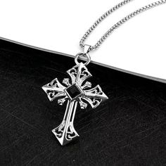 Mens Black CZ Silver Cross Pendant Necklace Christian Catholic Jewelry Chain 24" | eBay Hip Hop Accessories, Pendant Necklace Simple, Sweater Chain, Silver Cross Pendant, Rock Jewelry, Daily Jewelry, Punk Jewelry, Catholic Jewelry, Men's Necklace