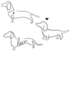 three dachshund dogs with hearts on their tails, one is black and the other is white