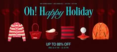 an advertisement for the holiday sale is shown in red and white stripes, with colorful items on