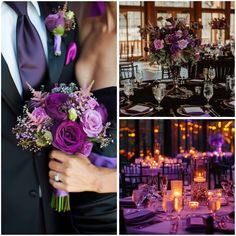 Black And Purple Wedding Reception, Wedding Theme Ideas Color, Black And Purple Wedding Theme, Purple Wedding Theme Ideas, Black And Purple Wedding, Purple Wedding Reception, Wedding Theme Ideas