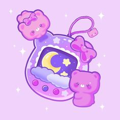 two teddy bears are hanging on a pink background with the moon and stars above them