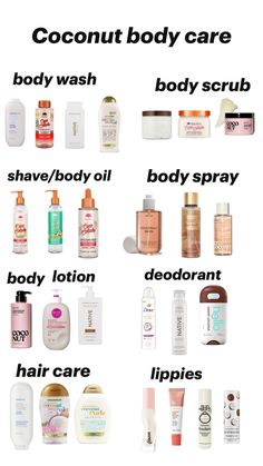 Pick your fav coconut body care items Body Care Routine Smell Good, Hygiene Products Coconut, Body Products Aesthetic, Coconut Hygiene Products, Eos Coconut Waters Combo, Vanilla And Coconut Body Care, Coconut And Vanilla Shower Routine, Self Care Products Hygiene List, How To Smell Like Vanilla And Coconut