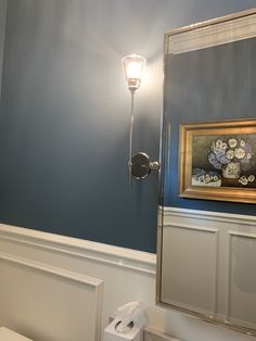 a bathroom with blue walls and white trim on the wall is pictured in this image