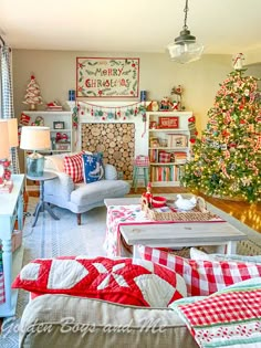 a living room filled with furniture and a christmas tree