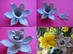 four pictures of flowers made out of toilet paper