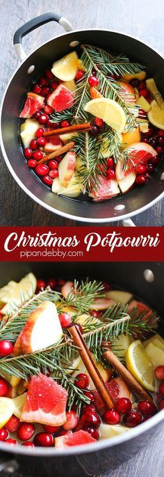 two pictures of food in a pan with pine and cranberries on the side