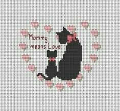 a cross stitch pattern with two cats in the shape of a heart and words mommy, meows i love