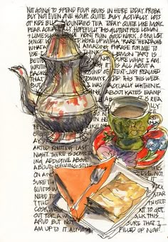 a drawing of a tea pot and some food on a table with writing in the background