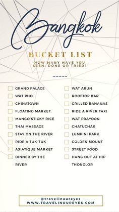 the bangkok bucket list is shown in blue and white, with gold lettering on it