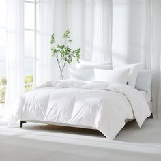 a bed with white sheets and pillows next to a plant in a window sill