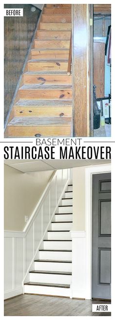 before and after photos of an unfinished stair case makeover with wood flooring in the hallway