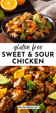 chicken and oranges in a bowl with the words gluten free sweet and sour chicken