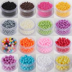 many different colors of beads in plastic containers