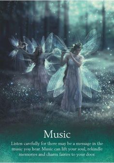 two fairy - like women in white dresses with green wings, and the words music are written