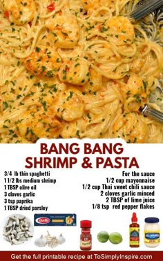 an advertisement for shrimp and pasta with instructions