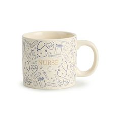 a coffee mug with nurse symbols on it