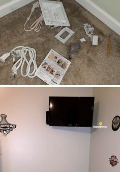 two photos side by side one has a tv and the other has an entertainment system