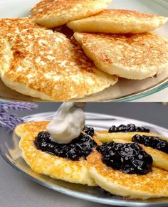 pancakes with blueberries and butter on them are shown in two different pictures, one is topped with whipped cream and the other has been made from scratch