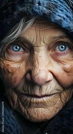 an old woman with blue eyes and wrinkles