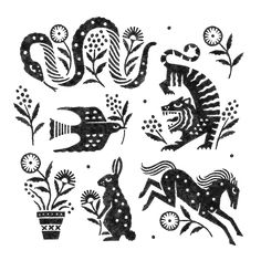 some black and white drawings with animals and plants