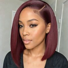 Blunt Cut Bob Burgundy 99J Color Straight Hair Wig High Density Deep Side Part Bob, Straight Side Part, Color Straight Hair, Straight Hair Wig, Hair Care Oil, Haute Hair, Bob Braids, Long Hair Wigs, Wig Color