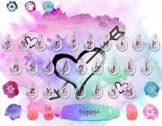 the word love is written in different languages on a watercolor background with hearts and arrows