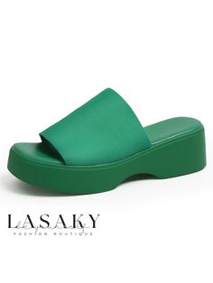 Lasaky - Stylish Womens Wedge Slide Sandals: Minimalist Design with Breathable Mesh Fabric Synthetic Platform Slippers With Round Toe, Solid Color Open Toe Platform Slippers For Spring, Spring Open Toe Platform Slippers, Spring Season Open Toe Platform Slippers, Solid Color Platform Slippers For Beach And Summer, Green Slip-on Casual Wedge Sandals, Casual Green Slip-on Wedge Sandals, Casual Green Platform Slippers For Summer, Green Summer Slip-on Platform Slippers