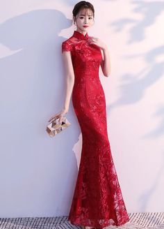 Red lace Cheongsam dress Qipao Wedding Dress, Qipao Gown, Long Tight Dress, Red Cheongsam Dress, Red Chinese Dress, Red Silhouette, Chinese Gown, Wedding Qipao, Qipao Wedding