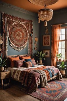 a bed room with a neatly made bed next to a window and potted plants