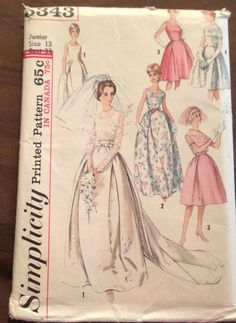 1960s Simplicity Sewing Pattern.  Pattern #5343  Wedding or Bridesmaid Dress.  Size 11 bust 31 1/2 waist 24 1/2 hips 33 1/2. Pattern has been cut and all 11 pieces are present. Vintage Wedding Dress Sewing Patterns, Vintage Wedding Dress Pattern, Wedding Gown Patterns, Bridal Sewing Patterns, Wedding Dresses 60s, Wedding Dress Sewing Patterns, Gown Sewing Pattern, 1960s Wedding, Simplicity Dress