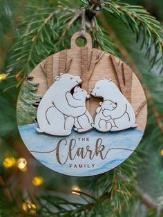 a wooden ornament hanging from a christmas tree with the words clark family written on it