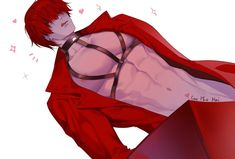 an anime character with red hair and no shirt