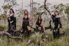 four women in black dresses are sitting on the ground and one is holding a branch