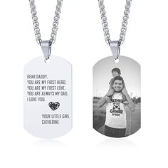 PRICES MAY VARY. Photo Necklace - Dog tag size:1.85" x 1.1" (47mm x 28mm) * Wheat Chain Length:23.6" (60cm) * Colour choice:Silver/Black/Blue/Gold Plated * Made from stainless steel,highly resisted to rust, corrosion and tarnishing,which requires minimal maintenance. Personalized Photo Text Dog Tag Necklace - Your Photo (like people,animal,beautiful landscapes,or memorable things) will be engraved on the front side as black-and-white image,And text engraved on the back side.You can choose horizo Dogtag Necklace, Army Dog Tag, Dog Tag Pendant, Picture Necklace, Photo Necklace, Necklace For Men, White Image, Dog Tag, Tag Necklace