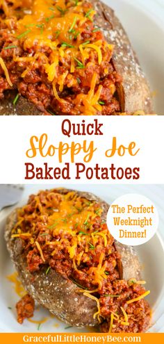 the recipe for sloppy joe baked potatoes is shown in two different pictures, with text overlay