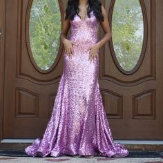 Size 0 Lilac Prom Dress With Sequins, Illusion Sheer Panel Sides, Low Open Back, Plunging Neckline, Mermaid Fit And Flare Shape Worn Once Lilac Prom Dress, Mermaid Fit, Plunging Dress, Dress With Sequins, Plunge Dress, Plunging Neckline, Panel Siding, Shapewear, Fit And Flare