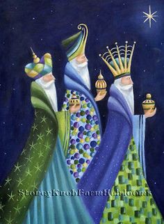 an artistic painting of three people dressed in blue, green and white with stars above them