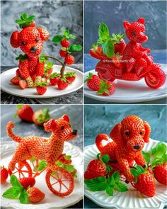 there are four different pictures of the same toy dog riding a bike with strawberries on it