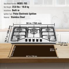 an image of a stove top with measurements for it's burners and sides