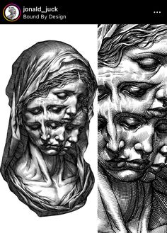 three different images of people with their faces covered in black and white ink, one is drawn