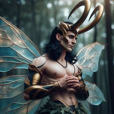 a man dressed up as a fairy standing in the woods with his hands on his chest