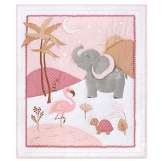 an elephant and flamingos are depicted in this quilt