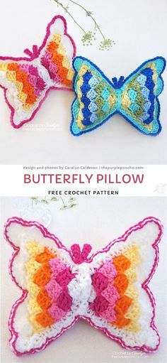 two crocheted butterflies are shown in different colors