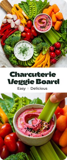 the cover of charlotte veggie board is shown with various vegetables and dips