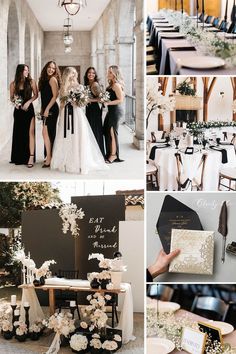 the bride and her bridal party are all dressed in black, white and gold