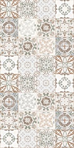 an abstract tile pattern with many different colors and patterns on the surface, including brown, white