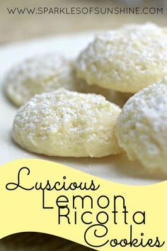 lemon ricotta cookies on a white plate with yellow paper in the foreground and text overlay that reads, curious lemon ricotta cookies