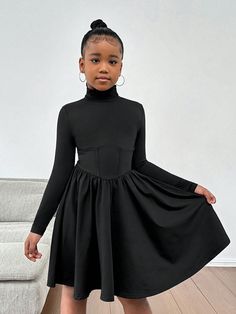 Tween Girls' Fitted Casual Streetwear Ribbed Peplum Long Sleeve Dress Black Elegant  Long Sleeve Knitted Fabric Plain Fit and Flare Medium Stretch  Tween Girls Clothing, size features are:Bust: ,Length: ,Sleeve Length: Smocked Skirt, Black Long Sleeve Dress, Inspiration Mode, Casual Streetwear, Girls Clothing, Long Sleeve Knit, All Fashion, Women Clothes Sale, Fit And Flare