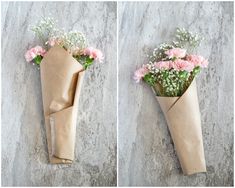 two pictures of flowers wrapped in paper on the ground and one has pink carnations