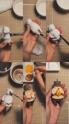 the hands are making miniature animals out of clay and paint them with their fingertipss